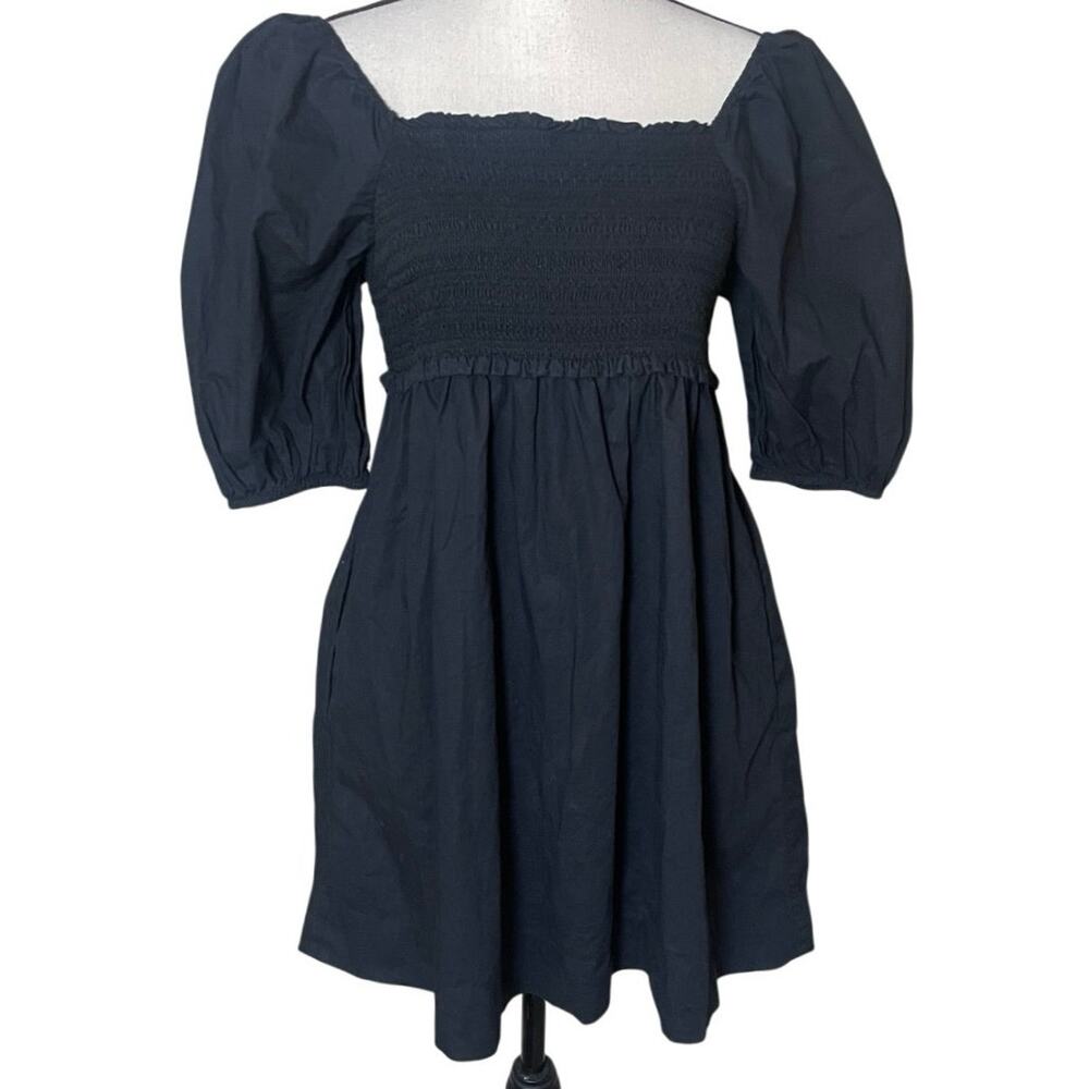 AE Puff-Sleeve Babydoll Mini Dress Smocked Black Size M Pockets Feminine Cottage